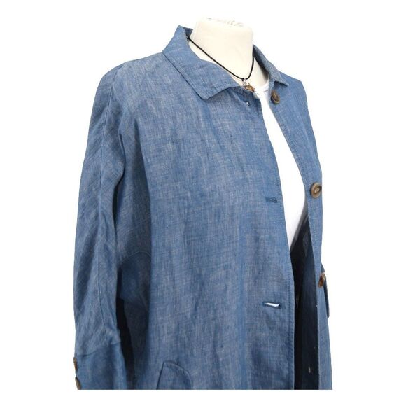 Japanese 100% Linen Blue Button Front Coat Jacket Minimalist Oversized - Picture 3 of 11